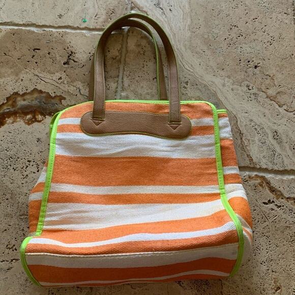 Neiman Marcus bag large tote Orange/white/green trim open double strap purse - Picture 7 of 10